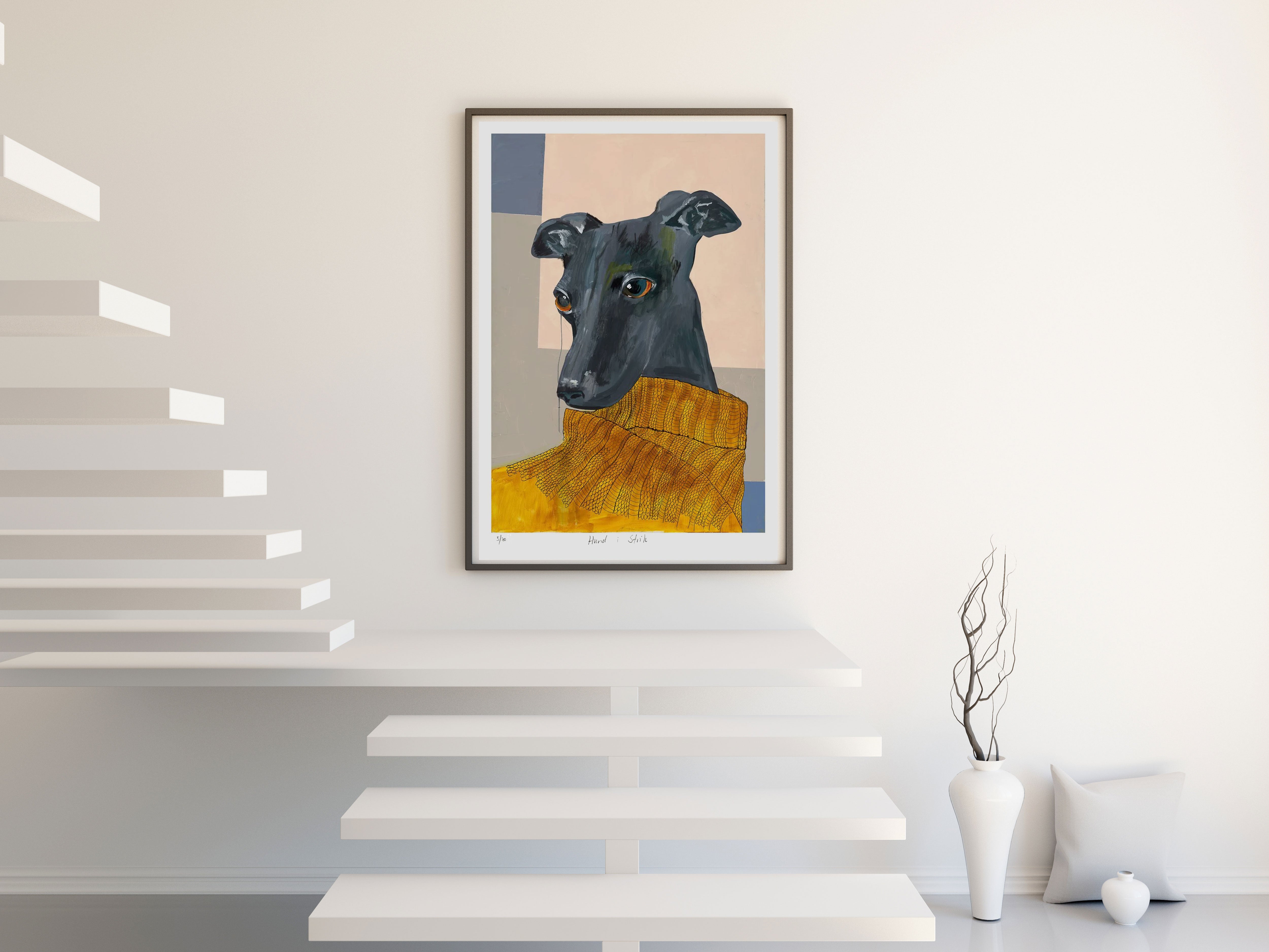 Hund i strik - Giclée, indrammet 110x140 cm